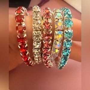 Crystal Stretch Bracelet Set - Silver with Red, Clear, Teal Stones